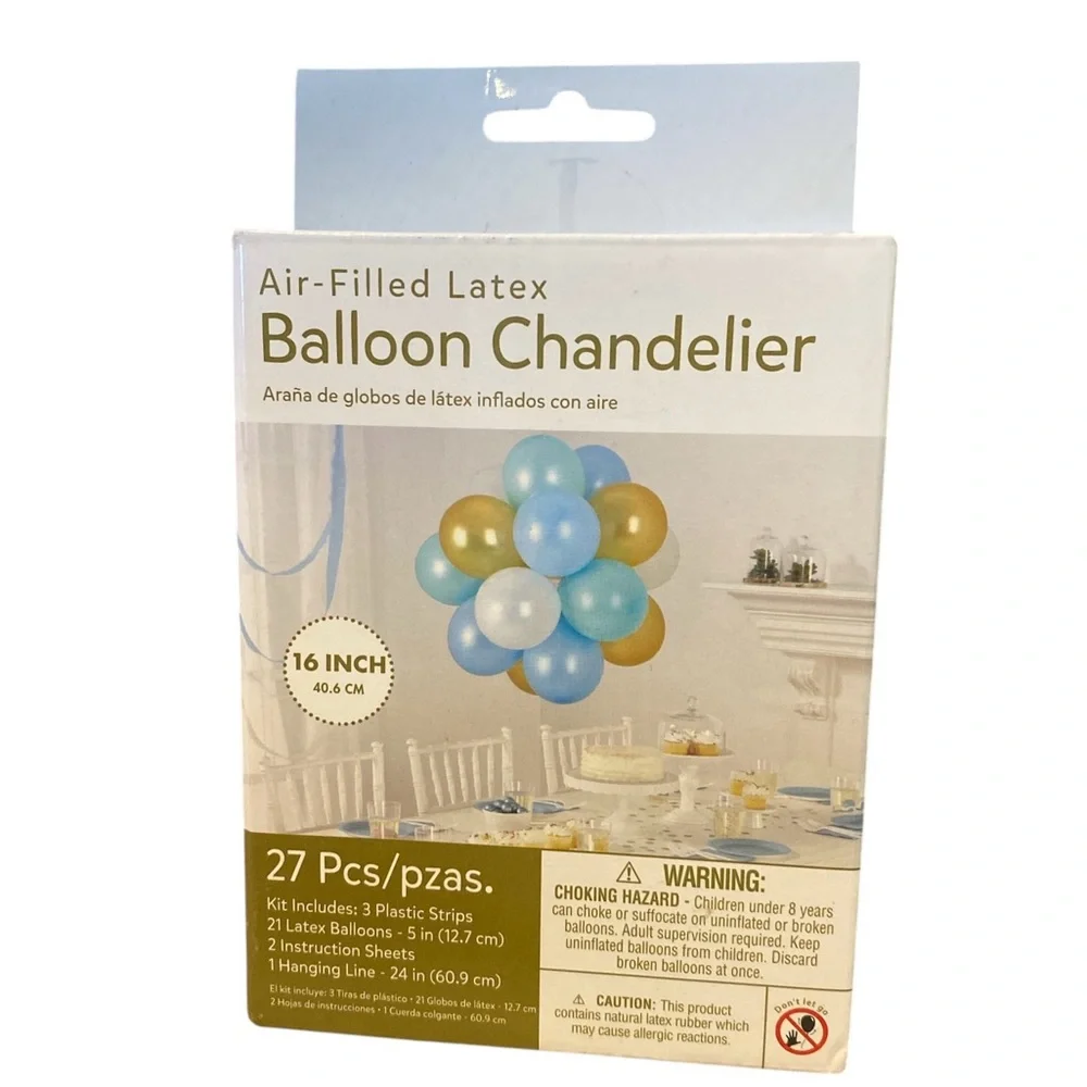 New- Amscan 16” Air-Filled Latex Balloon Chandelier - Blue, Gold, White